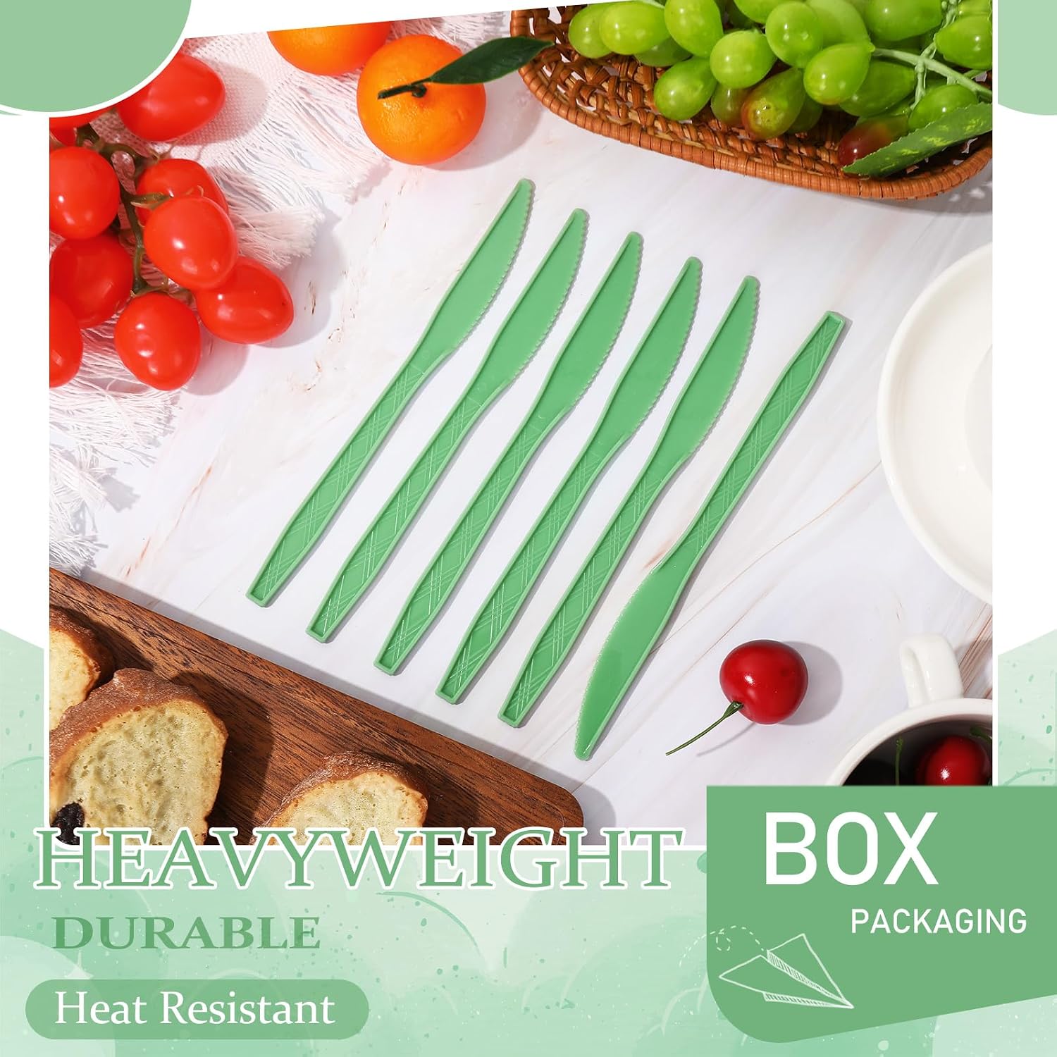 JarThenaAMCS 50Pcs Sage Green Plastic Knives Heavy-Duty Disposable Dinner Knives Heat-Resistant Plastic Flatware Cutlery Utensil for Catering Wedding Party Supplies, 6.7 in