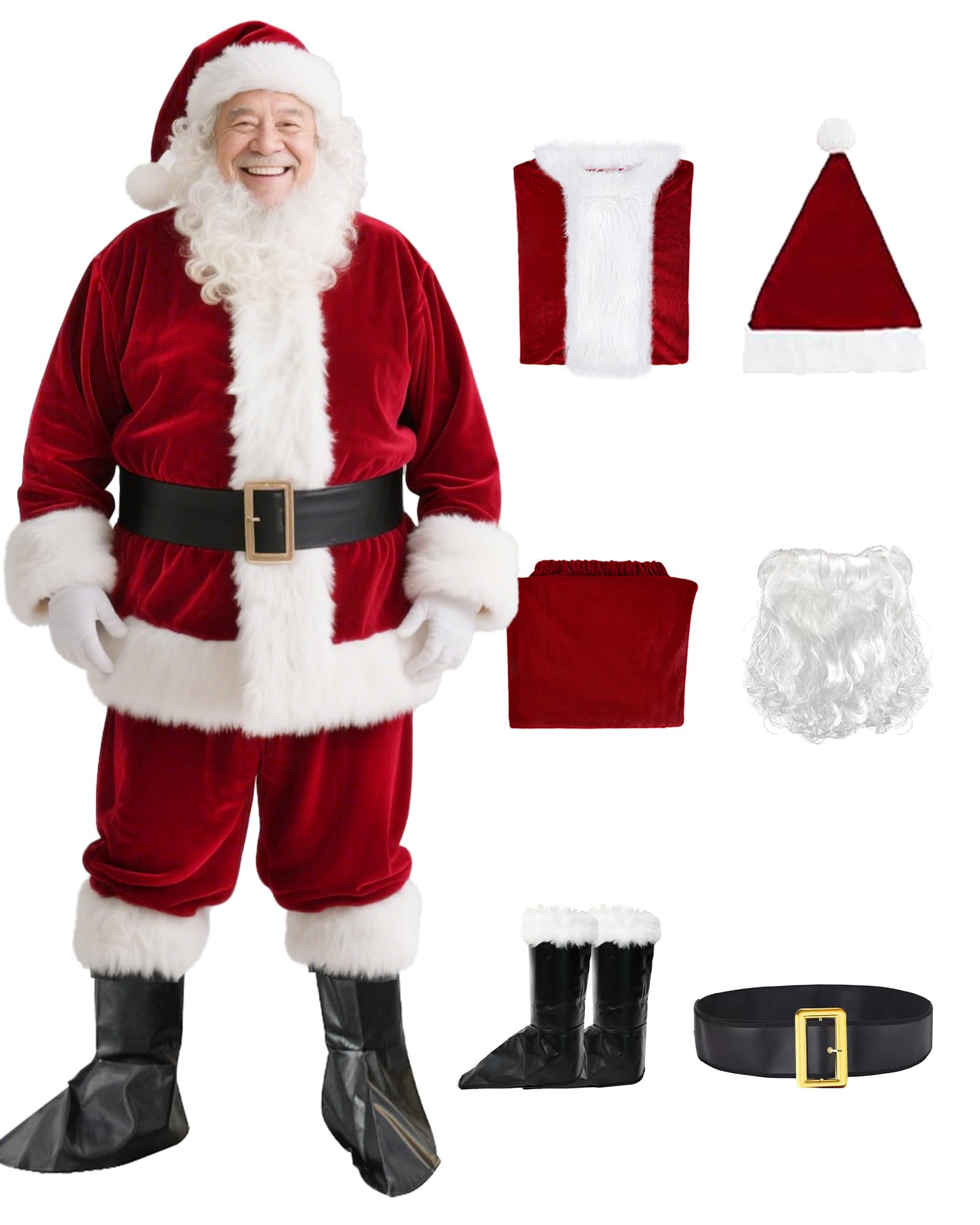 Santa Claus Costume for Men Adult - Deluxe 9pc Santa Suit, Velvet Santa Outfit Set for Holiday Parties & Festive Events