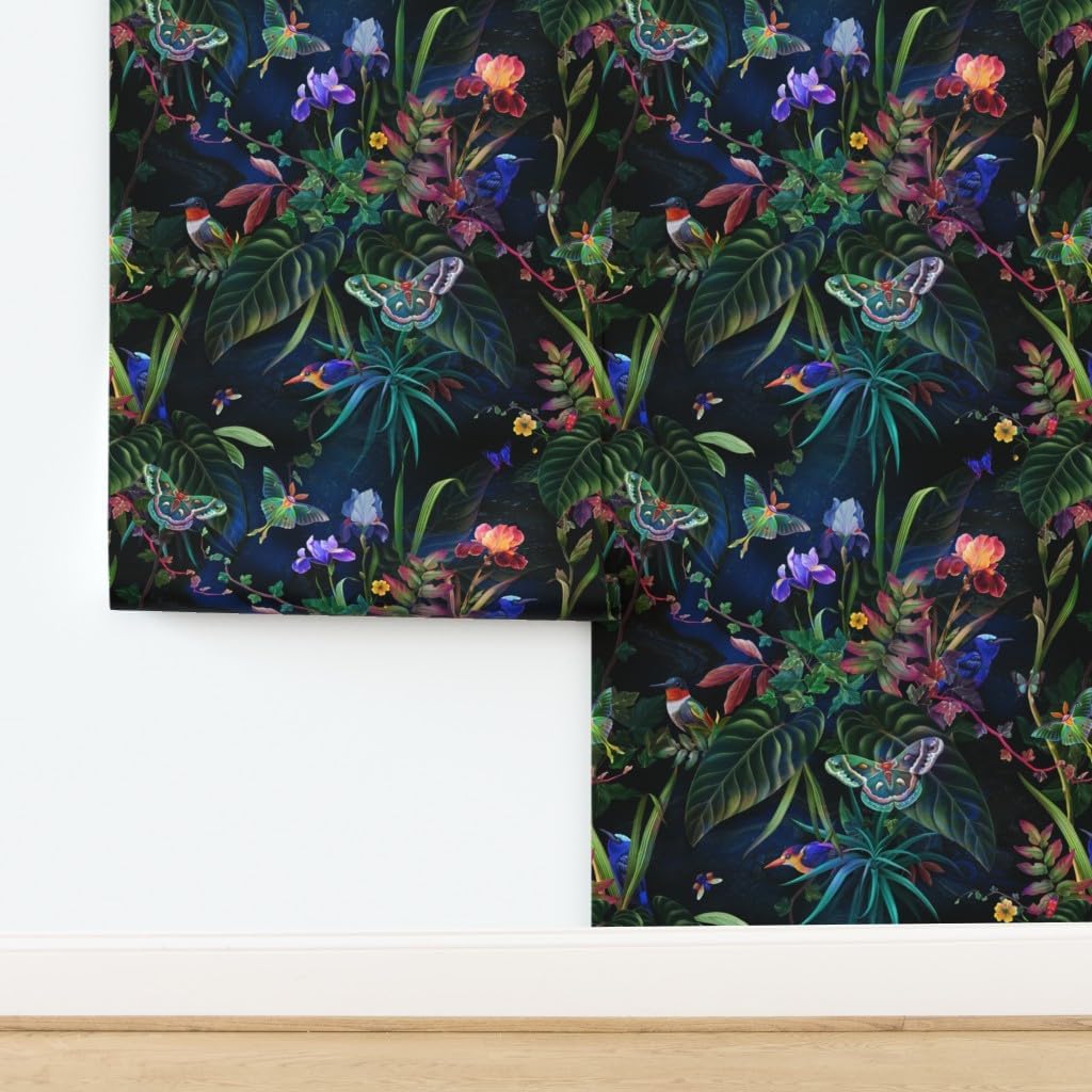 Removable Wallpaper 3ft x 2ft - Tropical Paradise Butterflies Birds Hummingbirds Jungle Custom Pre-Pasted Wallpaper by Spoonflower