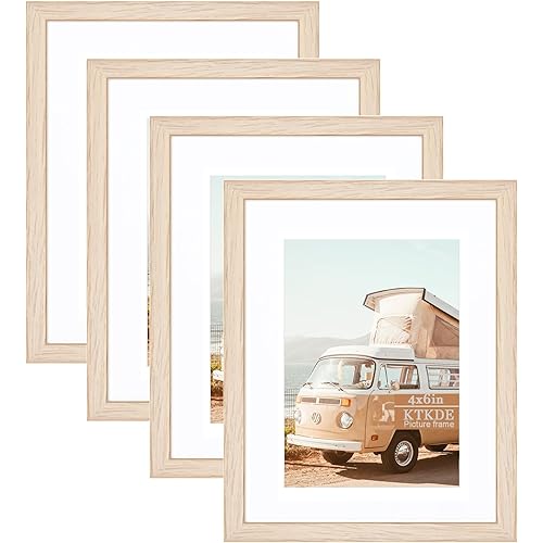 KTKDE 4x6 Light Oak Picture Frame with Mat for 3.5x5 Set of 4,High Definition Glass Modern Style Wood Composite Frame Table Top or Wall Mount small picture frames for Home Decor best gift