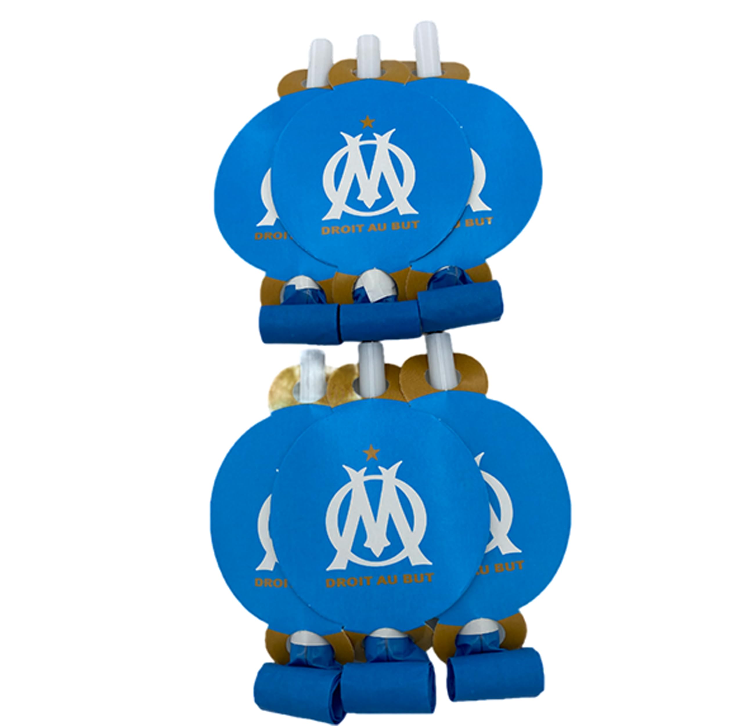 OLYMPIQUE DE MARSEILLE Pack 100 pièces Om : 1 Nappe 12 x Gobelet 12 x Assiette 40 x Serviette 11 x Ballon baudruche 12 x Chapeau 12 x sifflet - Collection Officielle