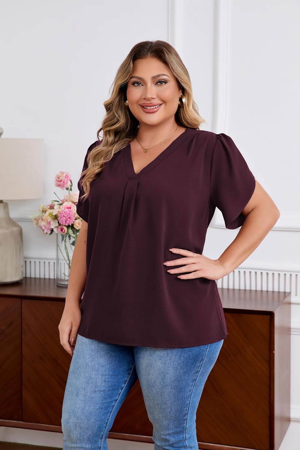 Women's Plus Size Casual Blouses Solid Business Work Tops Petal Short Sleeve V Neck Loose Fit T Shirt Summer Trendy 2026 - Image 2
