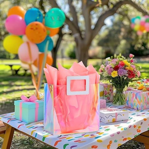 Miniatura 10 de VUOJUR Bolsa de regalo pequeña holográfica de 8.3 pulgadas con papel de seda, reutilizable, bolsa de regalo de cumpleaños para mujeres y niñas,