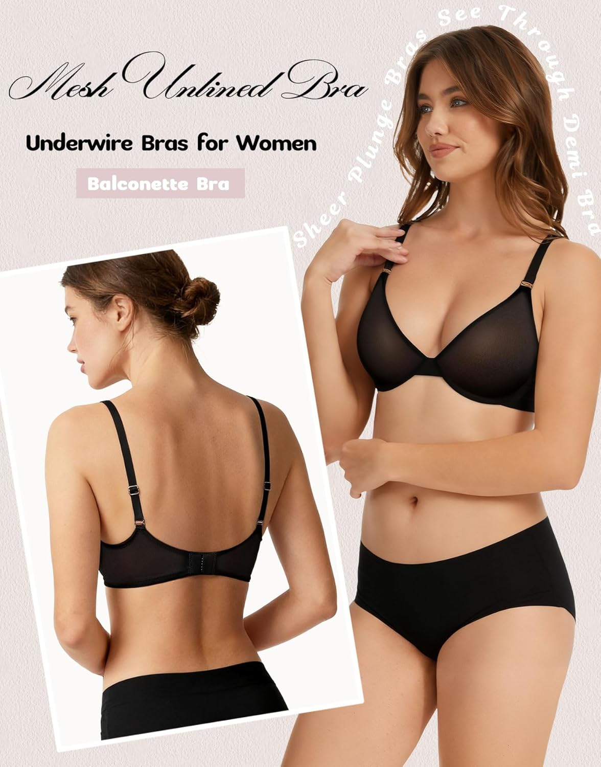 Demi Bras for Women Plunge Unlined Sheer Balconette Bra Mesh See Through Seamless Push Up Bra Wired Comfort No-Pads - Image 2