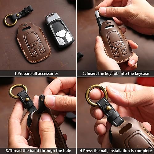 Miniatura 7 de OLLEN Funda para llavero de cuero genuino sin tornillos para BMW 2023-2025  en adelante, Nueva Serie 57, 740i, 760i, X1, X2, X3, X5, X6, X7, XM, IX,