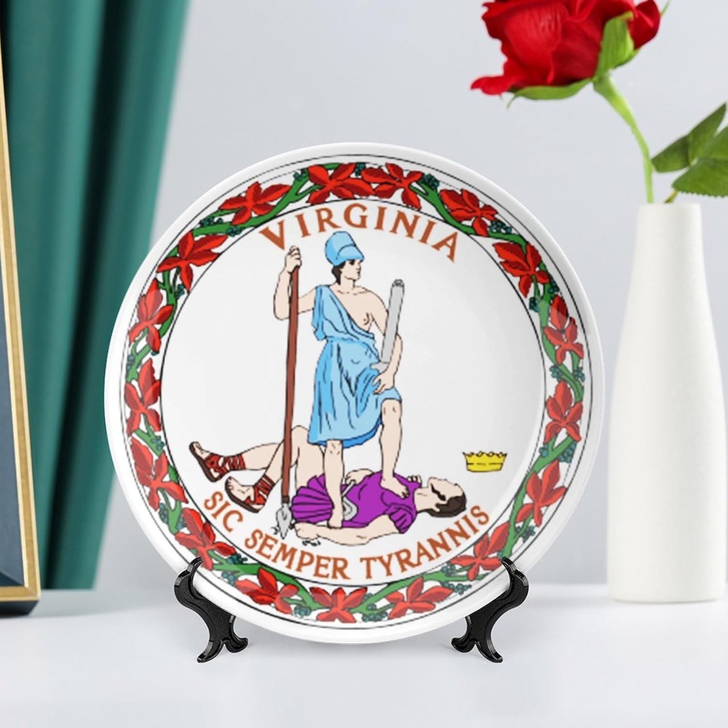 Seal of Virginia State Novelty Decorative Plate with Display Stand Handmade Ceramic Ornament Hanging Wall Decor for Home Office Foyer