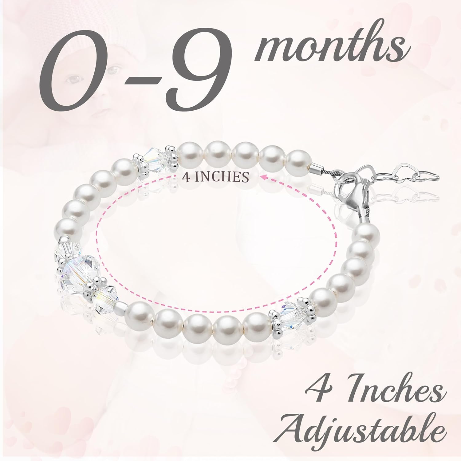 Baby Crystals Baby Girl Bracelets for Girls – Sterling Silver with White Simulated Pearls & Crystals, Sizes for Newborn, Infant & Toddler, Safe Keepsake Jewelry Gift
