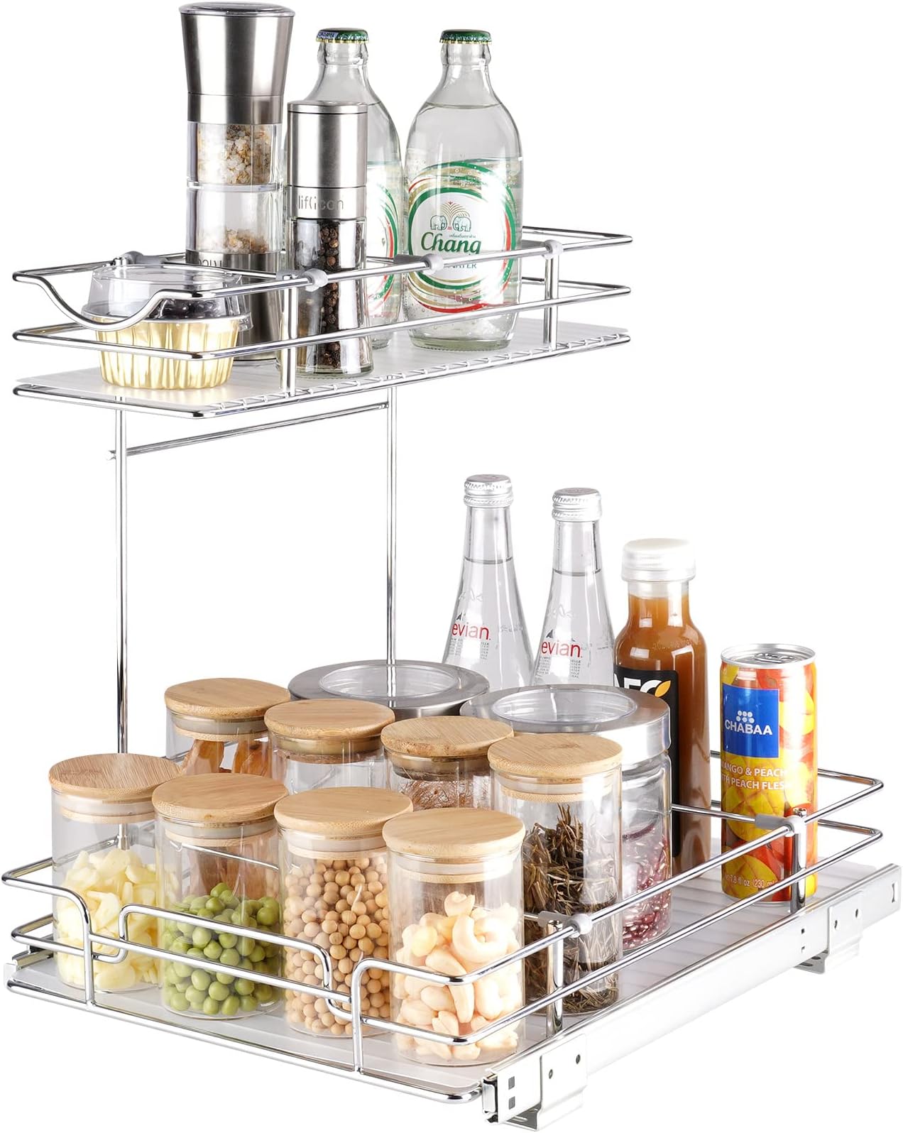 VEVOR 2 Tier 12"W x 17"D Pull Out Cabinet Organizer, Heavy Duty Slide Out Pantry Shelves, Chrome-Plated Steel Roll Out Drawers, Sliding Drawer Storage for Inside Kitchen Cabinet, Bathroom, Under Sink