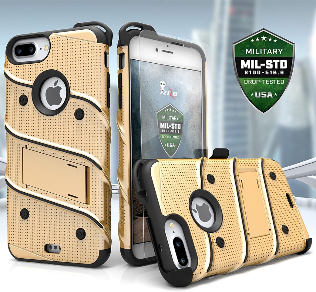 ZIZO Bolt Series for iPhone 8 Plus Case Military Grade Drop Tested Tempered Glass Screen Protector Holster iPhone 7 Plus case Gold Black