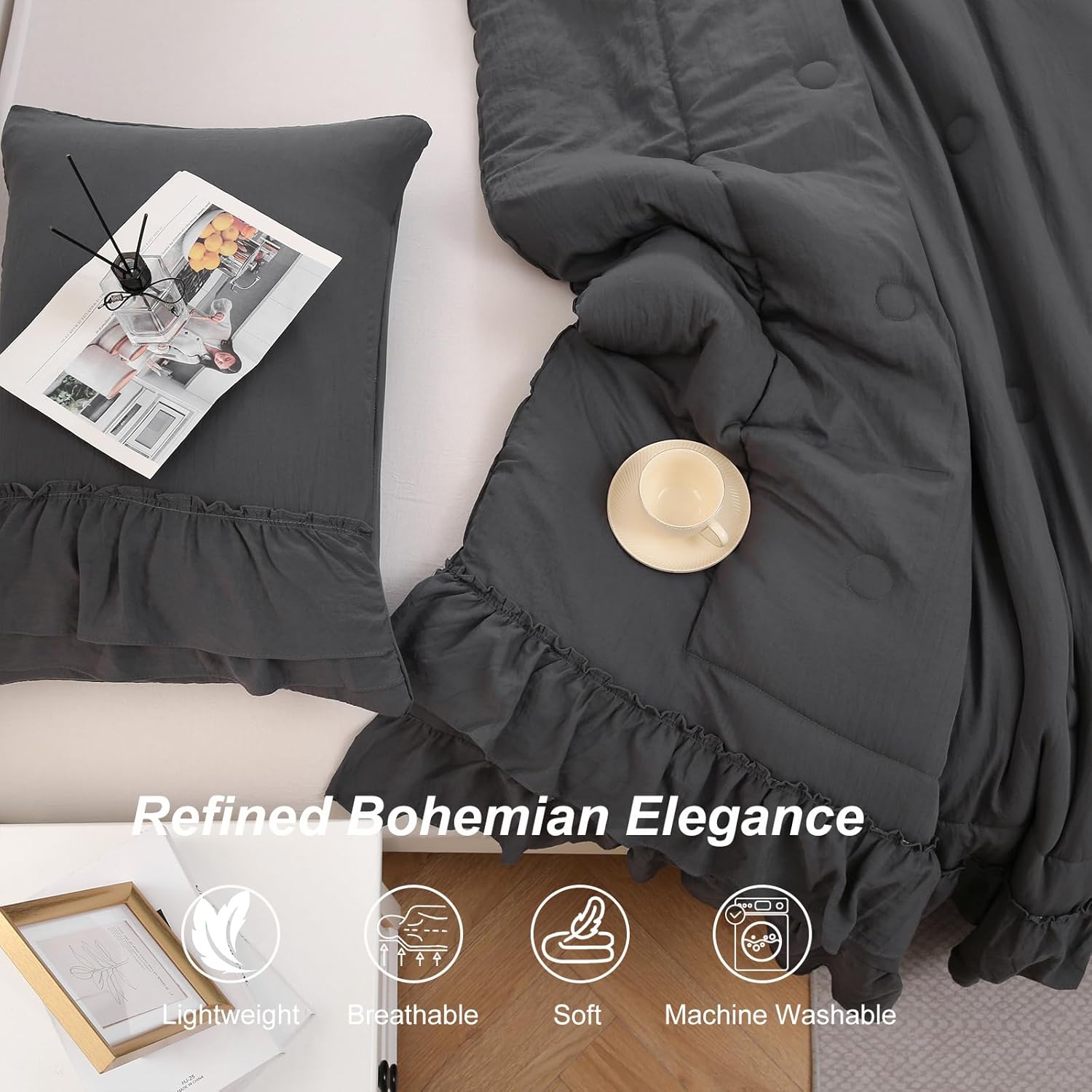 Dark Grey Comforter Set King Boho Bedding Set Shabby Chic 2 Layers Ruffled Bedroom Home Decor Ultra Soft Microfiber Farmhouse Down Comforter Bohemian Quilt Set