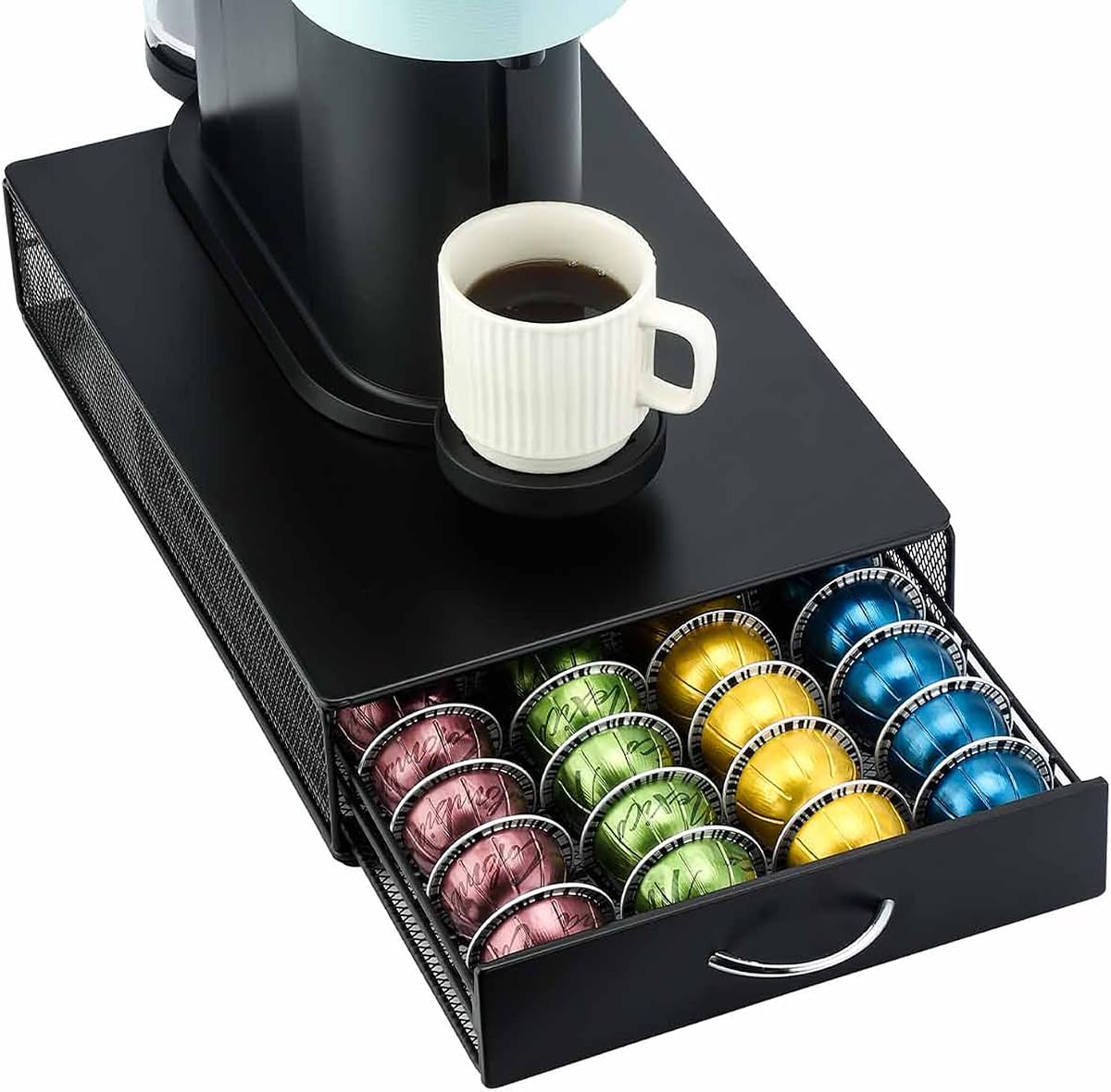FlagShip Vertuo Pod Drawer Organizer,40 Large Pods Capacity,Black Metal | Smooth Pull-Out Design Fits Under Coffee Machine,Sturdy Frame No-slip rubber feet Heavy Duty Save Counter Space