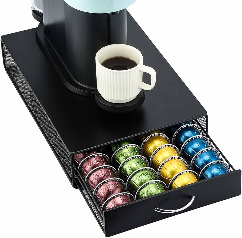 FlagShip Vertuo Pod Drawer Organizer,40 Large Pods Capacity,Black Metal | Smooth Pull-Out Design Fits Under Coffee Machine,Sturdy Frame No-slip rubber feet Heavy Duty Save Counter Space