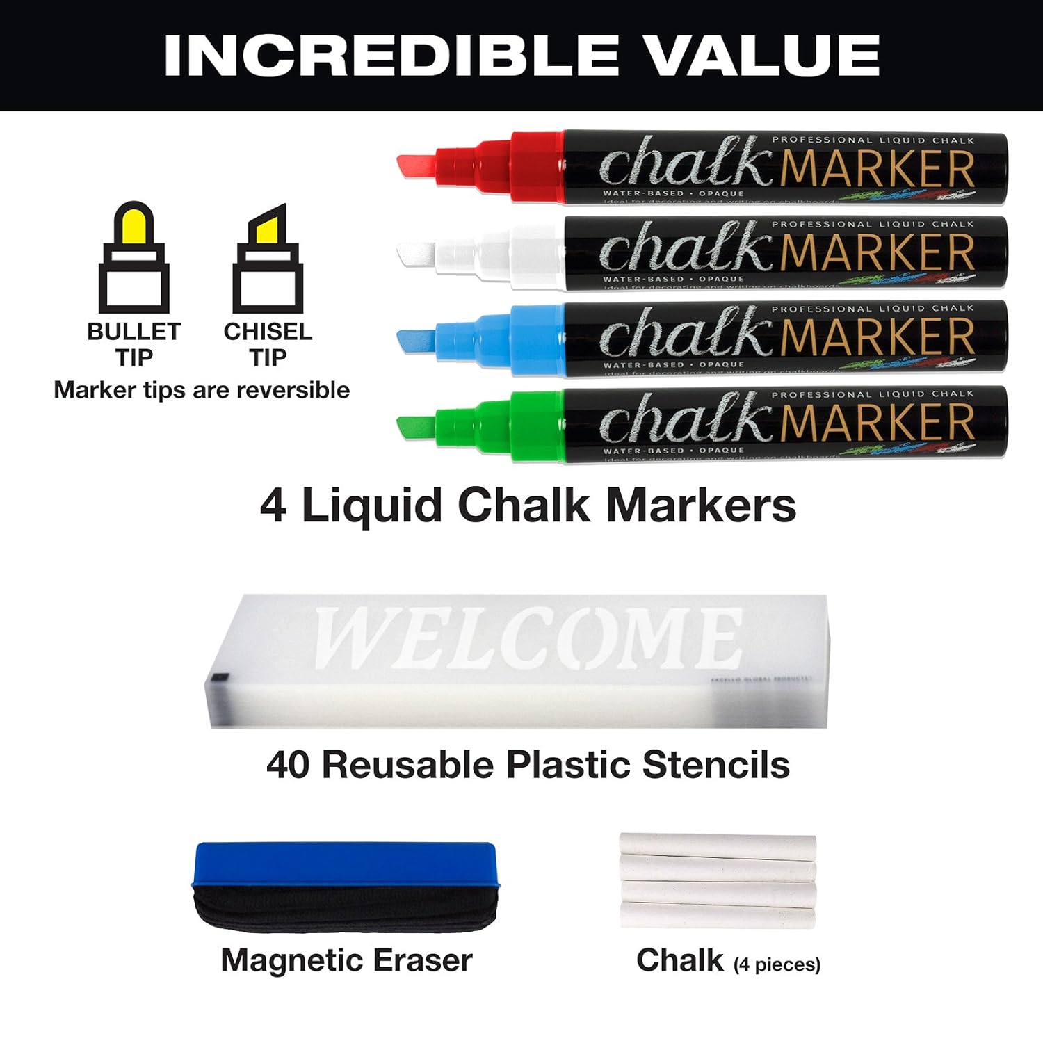 Large Sturdy Handcrafted 40" x 20" Wooden A-Frame Chalkboard Display / 4 Liquid Chalk Markers & Stencil Set/Sidewalk Chalkboard Sign Sandwich Board/Chalk Board Standing Sign (White Finish)