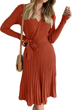 ZESICA Women's Spring Long Sleeve Wrap V-Neck Ribbed Knit Pleated A-Line Sweater Dress with Belt