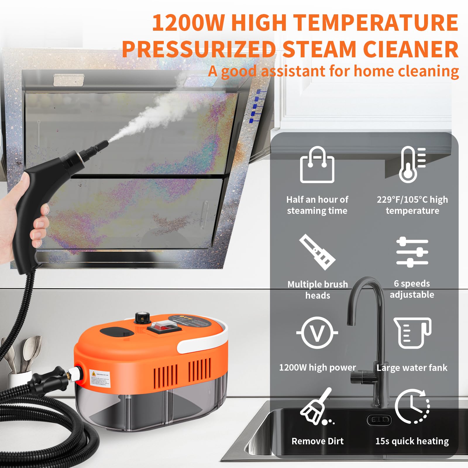High Handheld Steam Cleaner, 1L Portable Car Steam Cleaner, 6 High Speeds Pressure Temperature Steam Cleaning Machine with 3 Brush Heads for Kitchen Furniture Home Car Cleaning (orange)