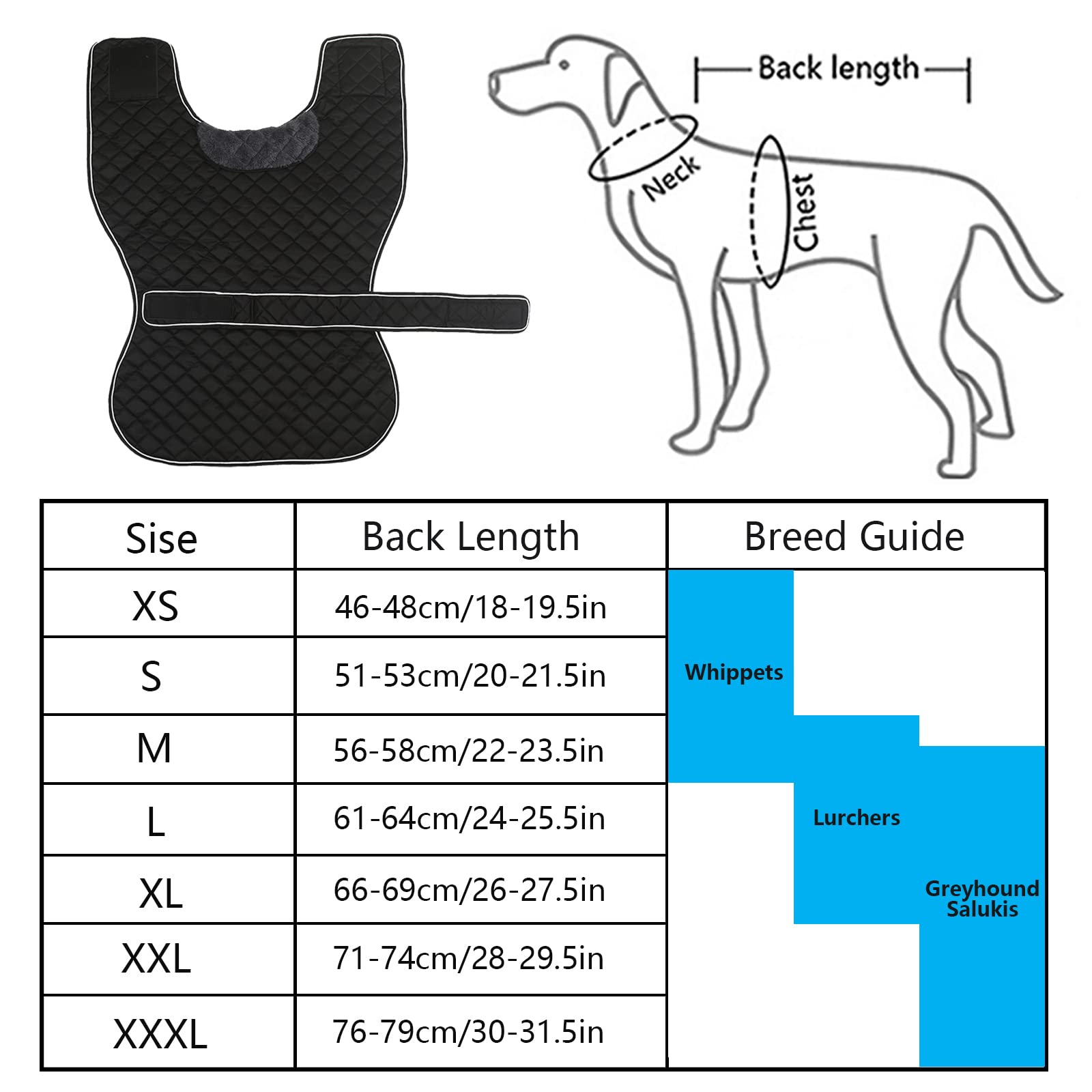 Windhund Whippet Wintermantel - wasserdichte Hundejacke mit Fleecefutter, verstellbar für mittelgroße oder große Hunde, ideal für Windhunde, Whippets, Lurcher, Salukis - Schwarz - XXL