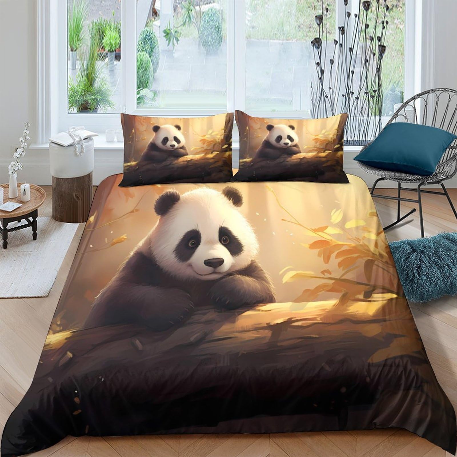 GPLZQXKJNH 3D Printed Panda Forest Duvet Cover Microfiber Soft Breathable Autumn Leaves Bedding Set with 2 Pillowcases for Bedroom Decor Single（135x200cm）