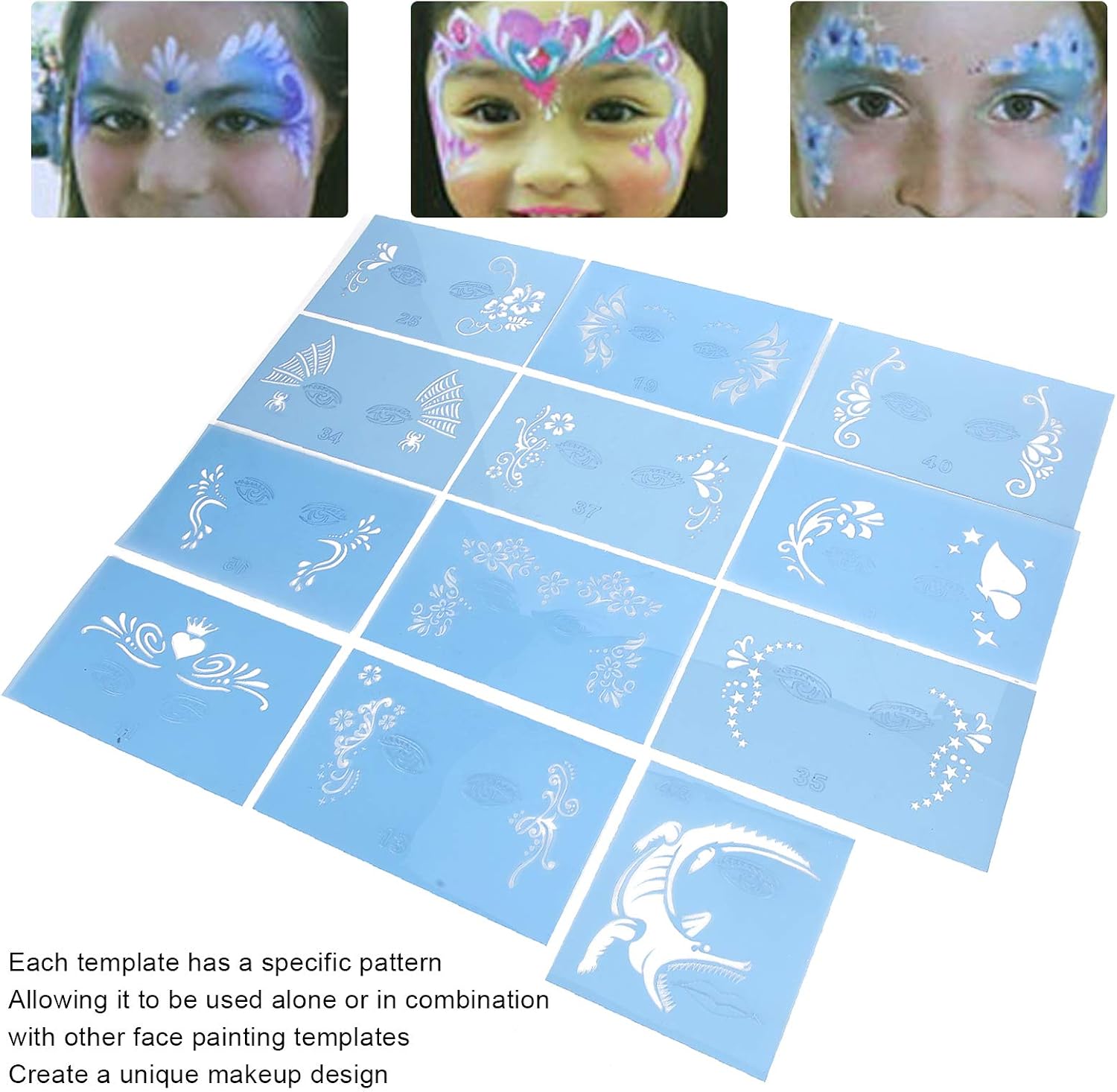 Face Painting Template Stencils, 12Pcs Reusable Face Paint Stencils, Easy Face Body Painting Make up Template Set, DIY Face Painting Art Stencil for Halloween Christmas Party