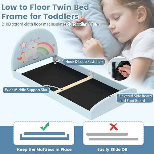 Miniatura 5 de Costzon - Base de cama individual para piso, cama tapizada para niños con alfombra de tela Oxford 210D, soporte central y tablas acolchadas, cama de
