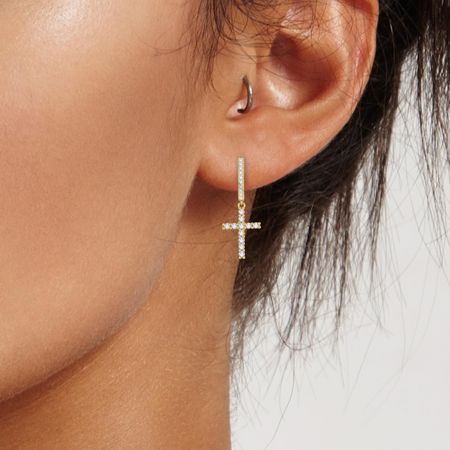 14K Gold Plated Cross Earrings for Women Men, CZ Cross Dangle Earrings Hypoallergenic Jewelry Gift