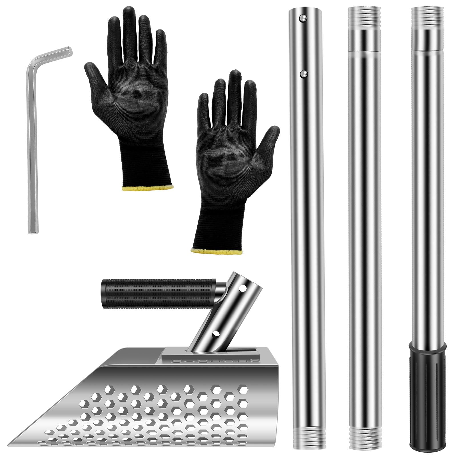 Beach Sand Scoop Metal Detecting Shovel with 53inch Long Handle Heavy Duty Stainless Steel Sand Sifter Shovel Detachable Handheld Metal Detector Scoop for Underwater Treasure Hunting (With Gloves)