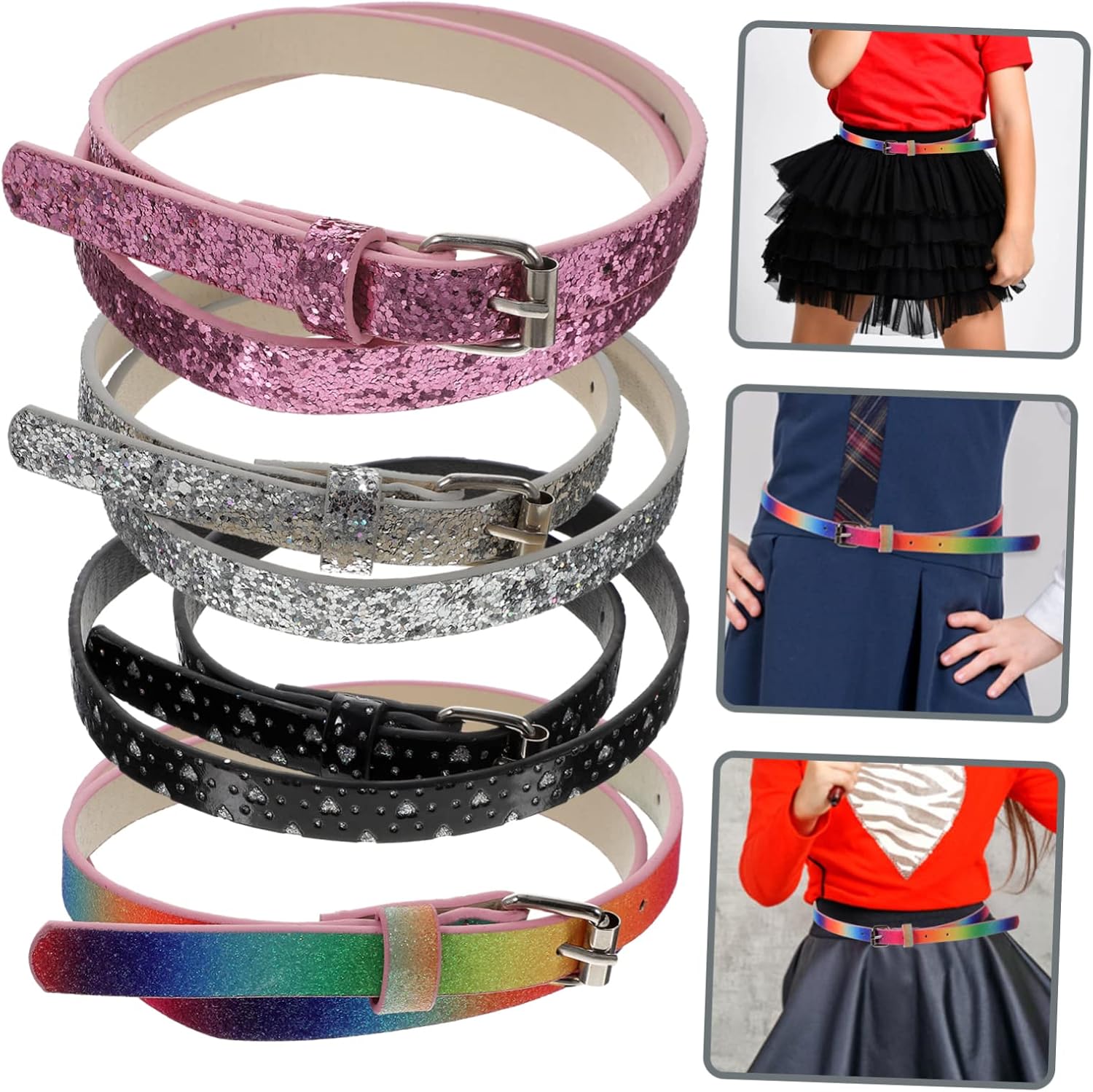 4pcs Boy Girl Fashion Belts Pu Leather Straps for Girls Rainbow Glitter Colors for Jeans Dresses and School Uniforms