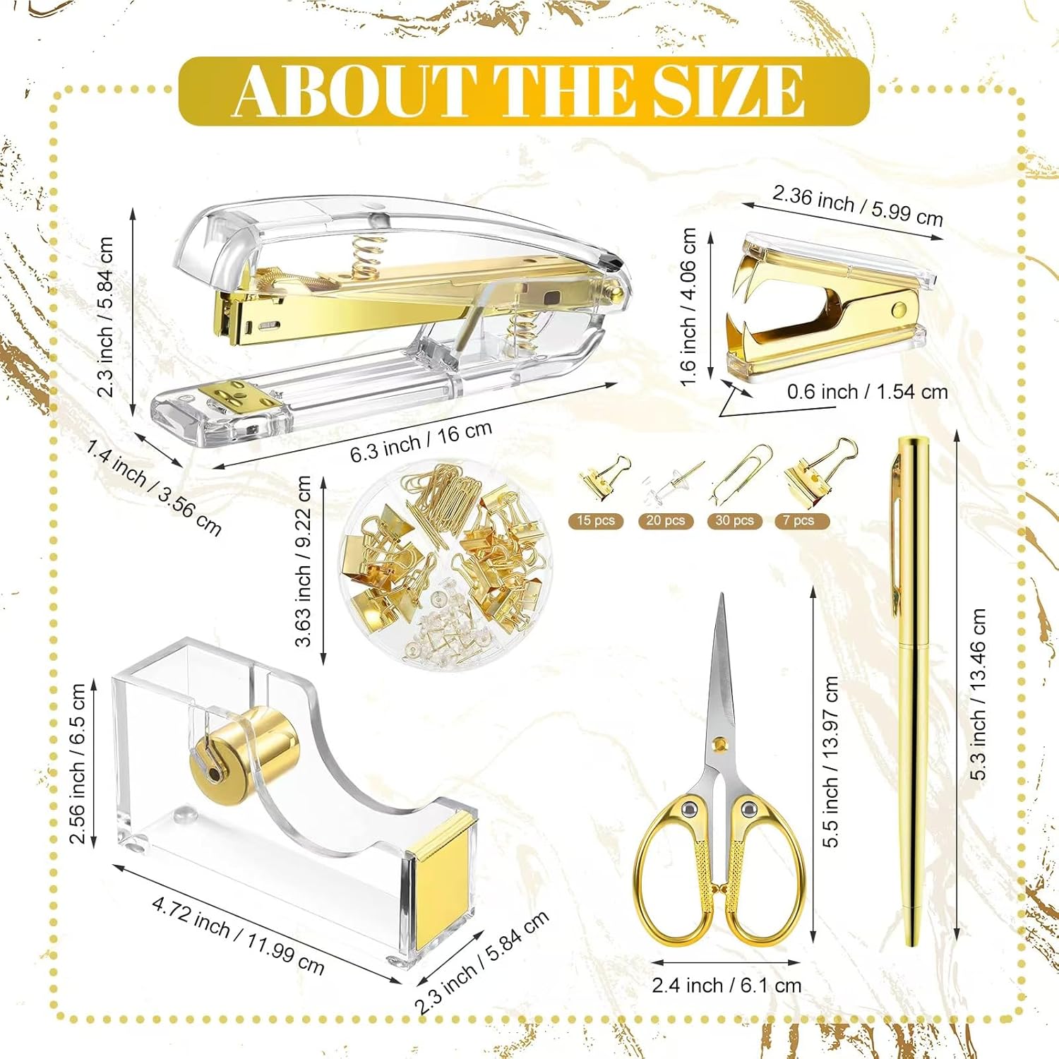 Acrylic Gold Tape Dispenser Gold Desktop Stapler Set, Office Supplies Includes Staple Remover, Tape Dispenser, Binder Clips, Paper Clips, Ballpoint Pen, Scissor, 1000pcs Staples Desk Accessory Kit