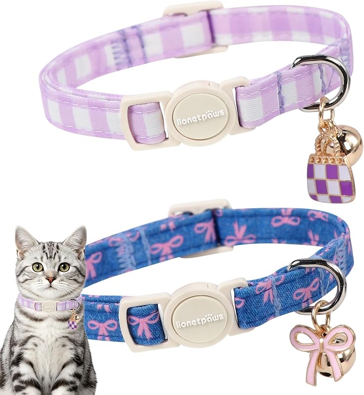 Coleiras para Gatos com Fivela Breakaway, Algodão Macio, Xadrez Roxo e Branco e Laço Azul, com Guizo, LIONET PAWS, Pacote com 2