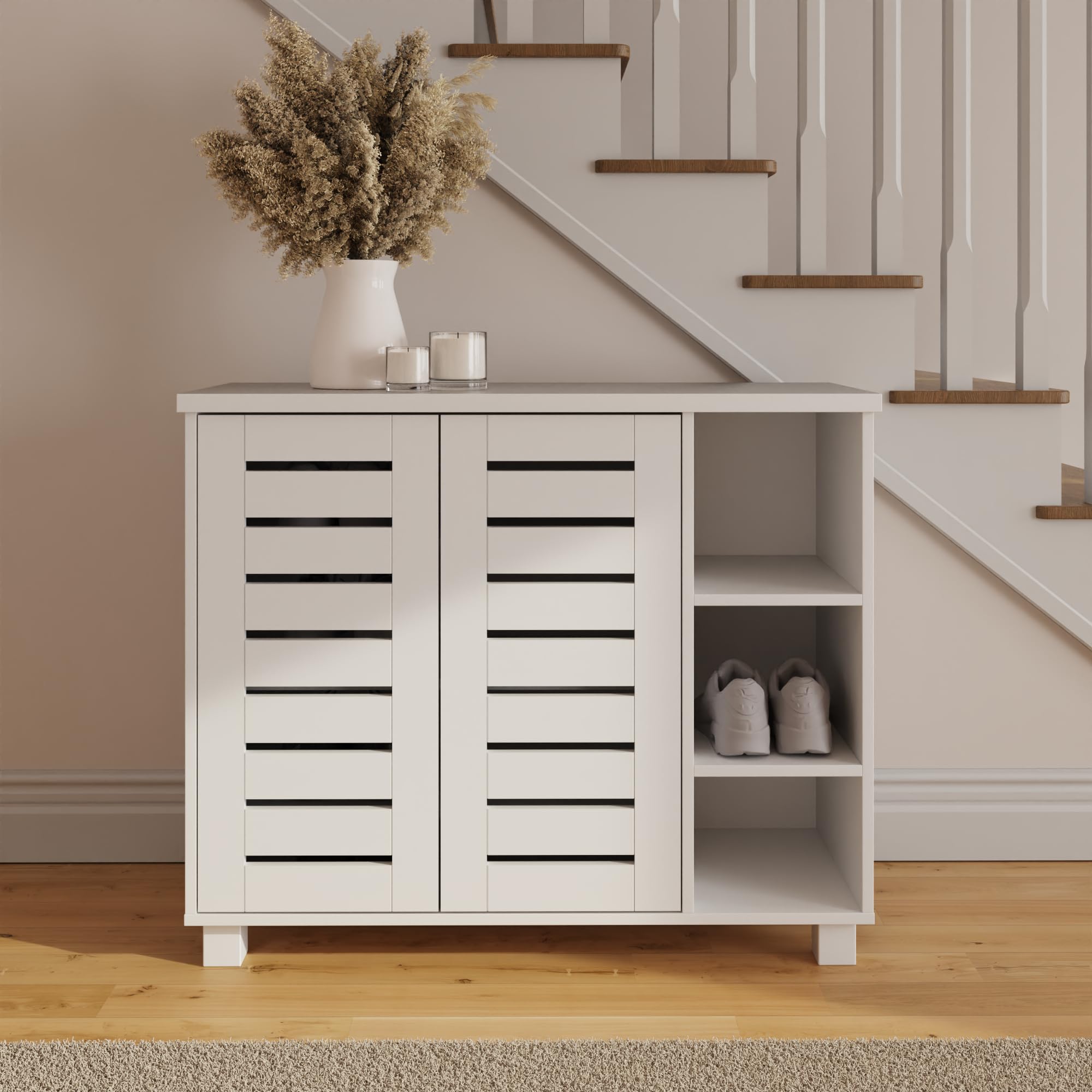 GFW Bodie Shoe Cabinet with Louvered Doors, 4 Internal Shelves and 3 Open Storage Compartments, Holds up to 15 Pairs of Shoes, Hallway Storage Unit, White