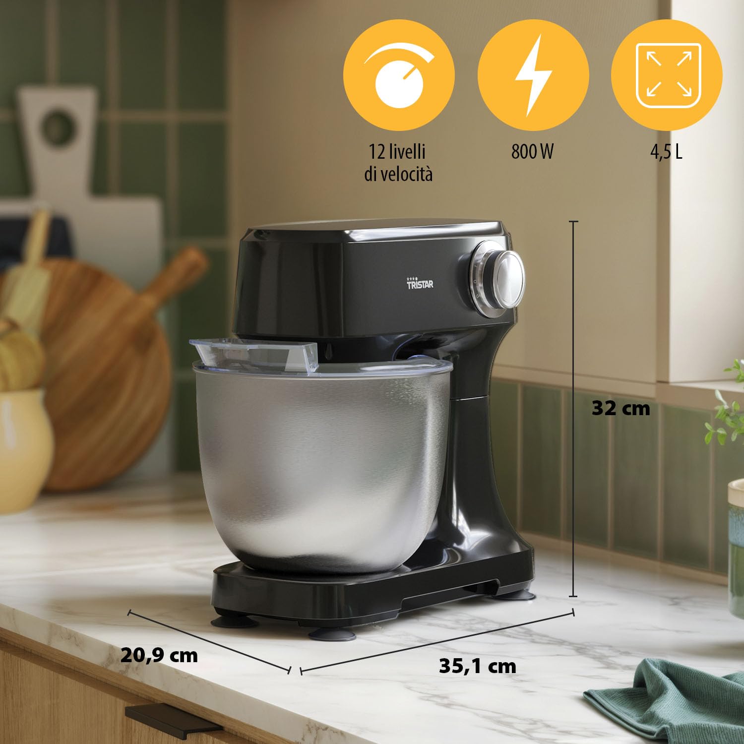 Robot da Cucina Tristar con Ciotola in Acciaio Inox da 4,5 L, Potenza 800 W, 12 Velocità con Funzione Pulse, Testa Inclinabile, Paraspruzzi, MX-4870