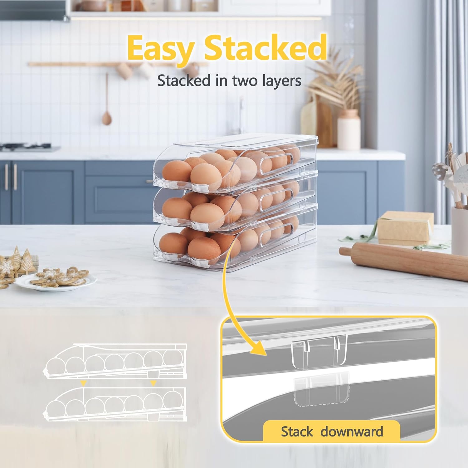 Egg Holder for Fridge, Automatic Steady Rolling Egg Container with Soft Bumpers & Handle for Refrigerator, Stackable Fridge Organizers and Storage with Lid