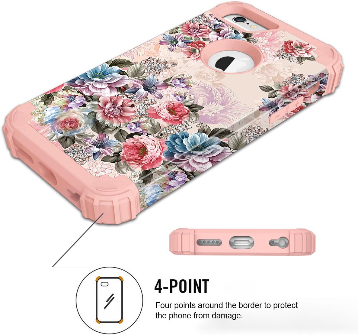 Hocase for iPhone 6s Case/iPhone 6 Case, Shockproof Heavy Duty Soft Silicone Rubber Bumper+Hard Plastic Hybrid Protective Case for iPhone 6s/iPhone 6 (4.7-inch Display) - Peony Flowers/Rose Gold