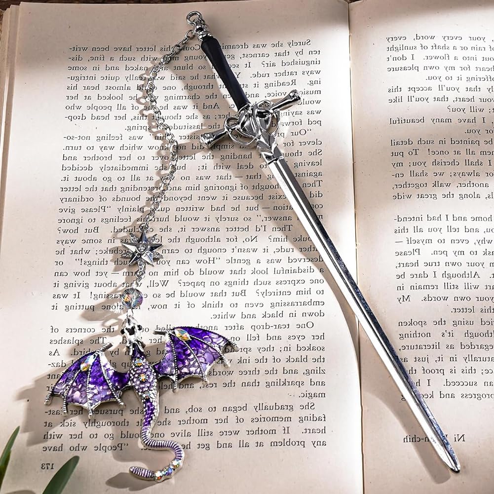 Marque-page Métal Dragon Et épée - Design Ancien Violet - Accessoire Livre Cadeau Pour Lecteurs Ou Décoration