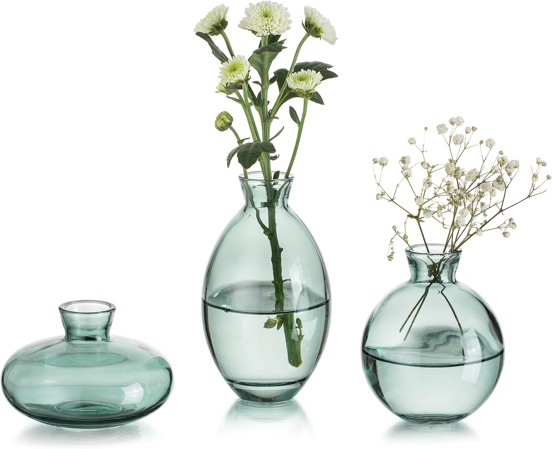 Small Vases for Table Decoration, Vintage, Handmade, 3-Piece Mini Vase Glass Green Flower Vase, Modern Set, Various Sizes, Slim Hydroponic Glass Vase for Flowers, Decoration, Wedding, Table, Living