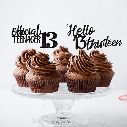 Miniatura 7 de 24 piezas de decoraciones oficiales para cupcakes de cumpleaños número 13 Hello 13 Thirteen Cupcake Picks 13th Birthday Cake Decor Supplies Black