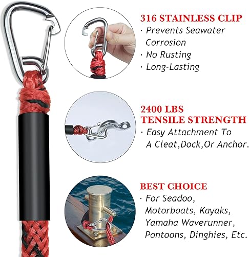 Miniatura 4 de ONOSHIP Líneas de muelle elástico de alta calidad de 4 pies con clip de acero inoxidable 316 de grado marino, amarre seguro para moto acuática,