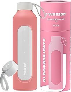 WESSPER Trinkflasche Glas 1 Liter, Motivations Wasser Glasflasche mit Hydrationsskala, Borosilikatglas Flasche mit Silikonhülle, BPA Freie Trinkflaschen - Rosa