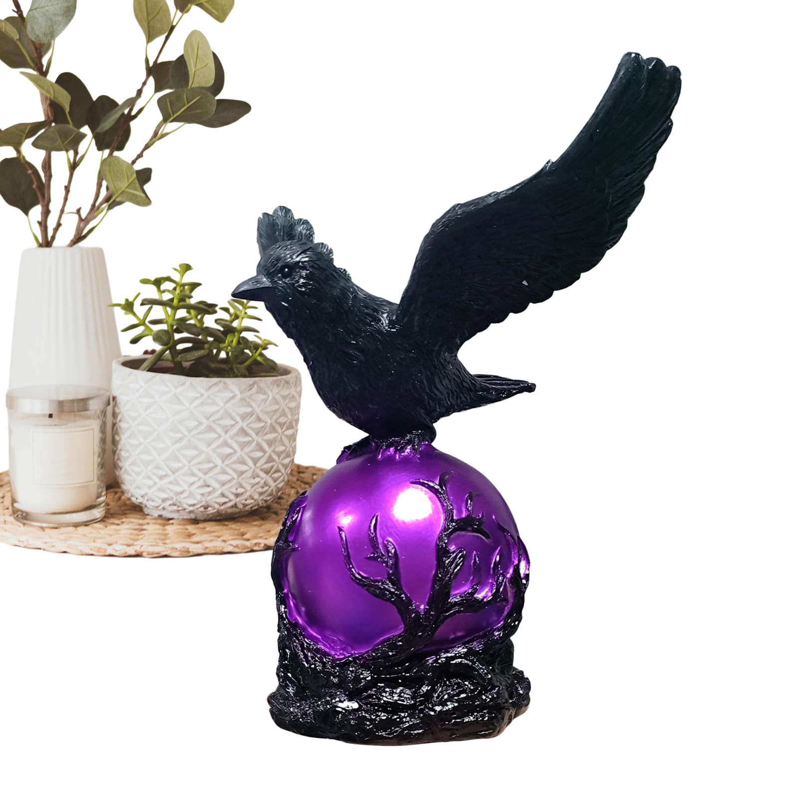 Lampada Corvo Arredamento Casa Gotico Con Estetica Scuro | Luce notturna Corvo Nero con Sfera Viola per Camera da Letto Soggiorno Ufficio Comodino Decorazione Interna