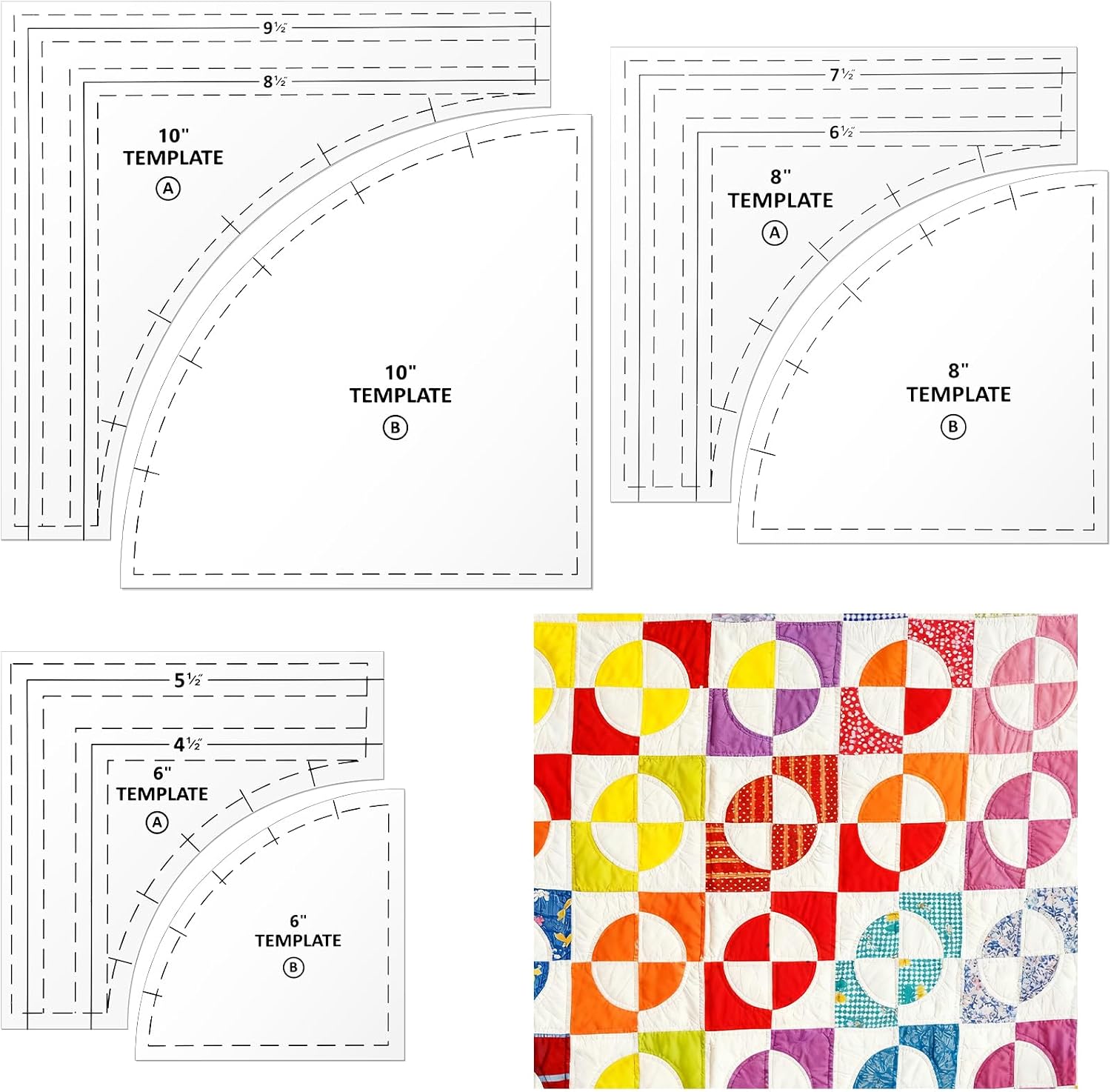 3 Set Drunkards Road Quilting Templates Large Quilting Rulers and Templates for Cutting Patterns with 1/4" Seam Allowance Supplies for DIY Craft(Clear,10, 8, 6 inch)