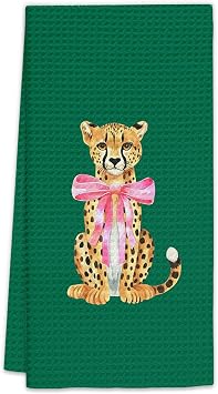 Green Leopard Decor Hand Towels, GreenPreppy Coquette Kitchen Towels, Pink Cheetah Bow Preppy Decorative Hand Towel for Bathroom Kitchen, Pink Preppy Coquette Bathroom Decor16x24 InchGreen