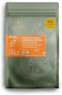 Luxmi Estates Ashwagandha Turmeric | Organic Adaptogen Tea | Stress Relief & Immunity Support | 50 Biodegradable Tea Bags | 100g/3.52oz