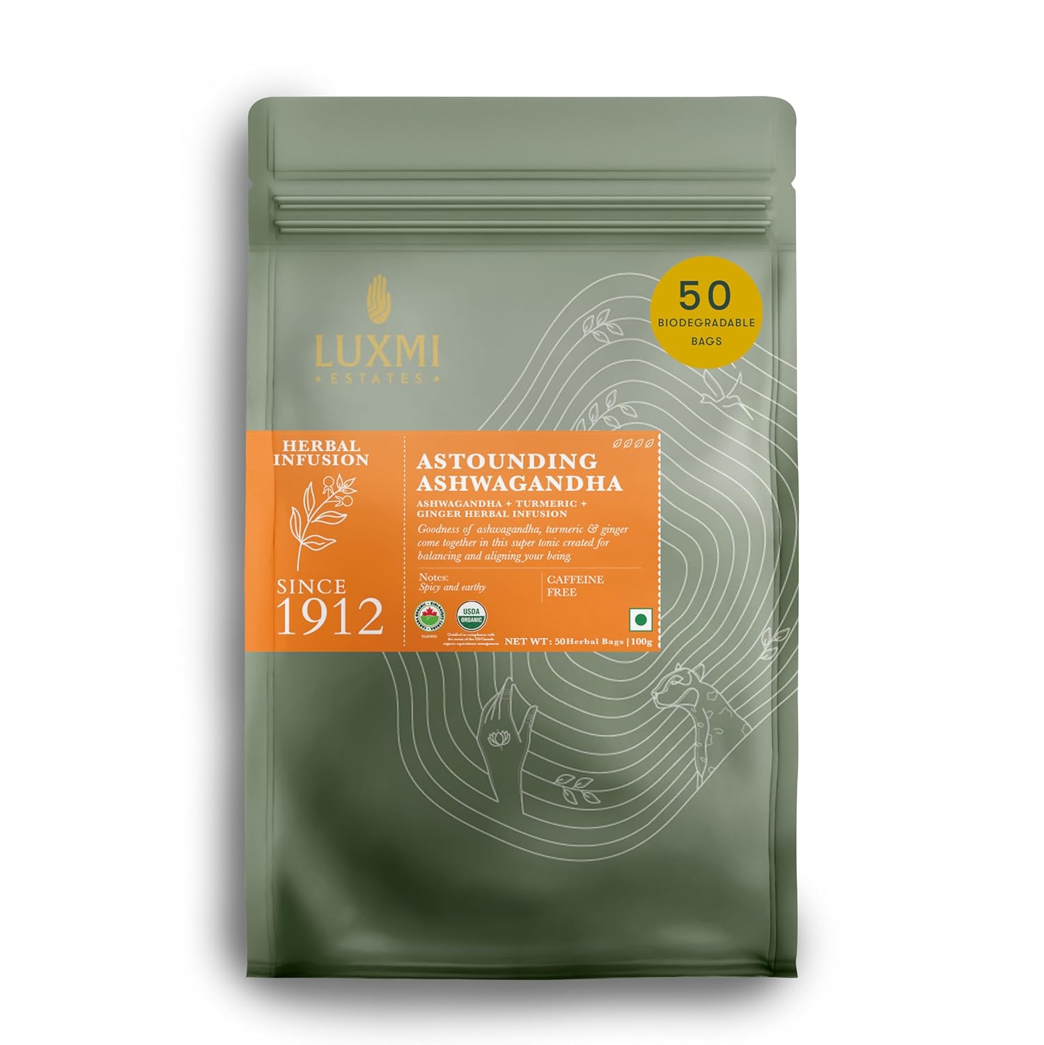 Luxmi Estates Ashwagandha Turmeric | Organic Adaptogen Tea | Stress Relief & Immunity Support | 50 Biodegradable Tea Bags | 100g/3.52oz