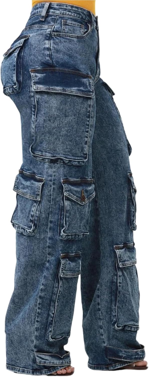 Women's Mid Rise Cargo Jeans Straight Wide Leg Baggy Jean Casual Y2K Streetwear Denim Pants - Image 2