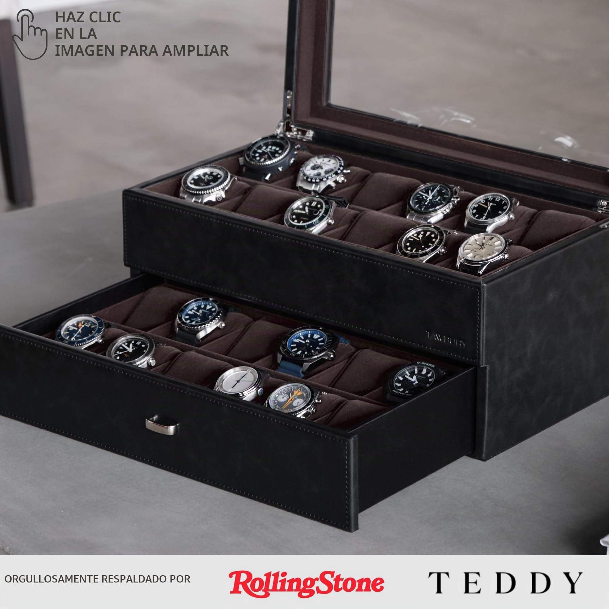TAWBURY Caja de reloj para hombre – Caja de reloj extragrande con 24 ranuras y pantalla de cristal auténtico, cajón extraíble y cojín de 5 cm de ancho para relojes grandes (negro/antracita)