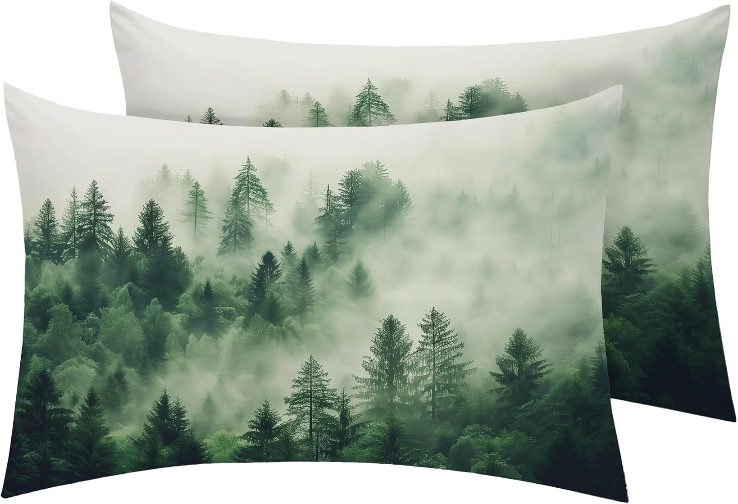 Misty Forest Pillow Cases King Size Set of 2 - Soft Breathable Microfiber Pillowcases with Envelope Closure, Nature Landscape Green Tree Patterned Pillow Covers, Forest Decor