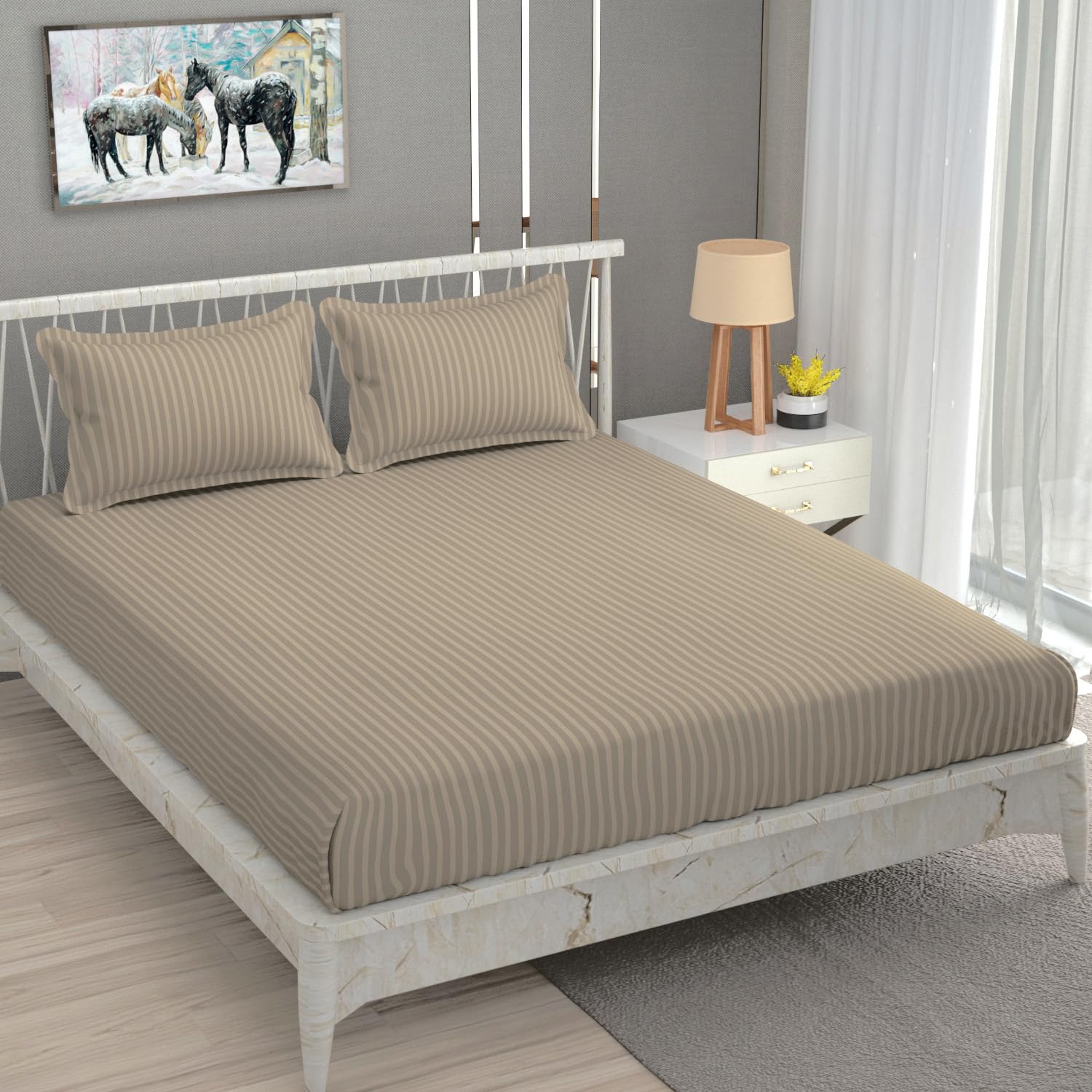 Homefab India 160 TC Stripe Cotton Feel Glace Cotton Elastic Fitted King Size Double Bed Bedsheet with 2 Pillow Covers Fits Upto 6 inches Mattress, Size-72X78 inches, Beige