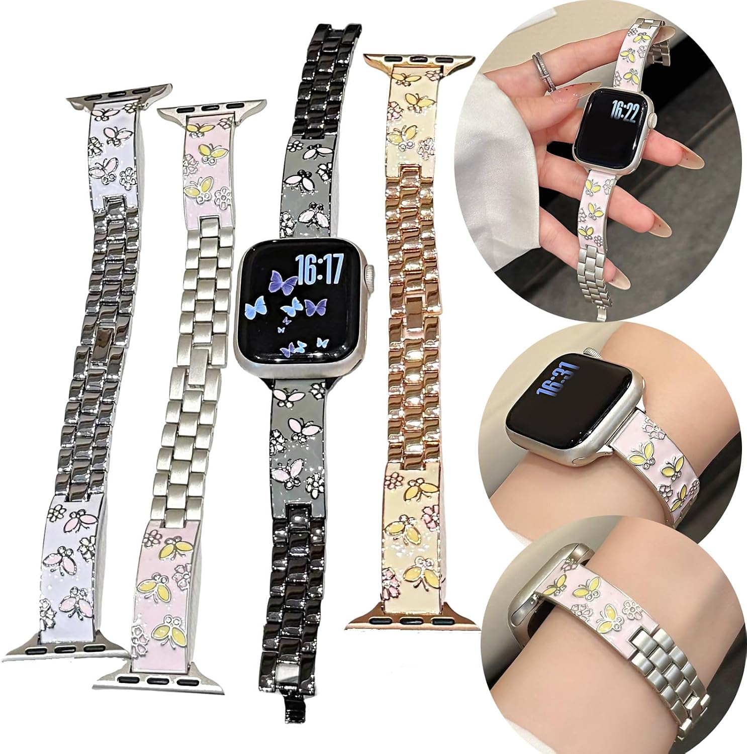 Generic case Compatible with Watch Se 3/2 / 1 44mm (Color: Silver) Butterfly Pattern Band Metal Strap case