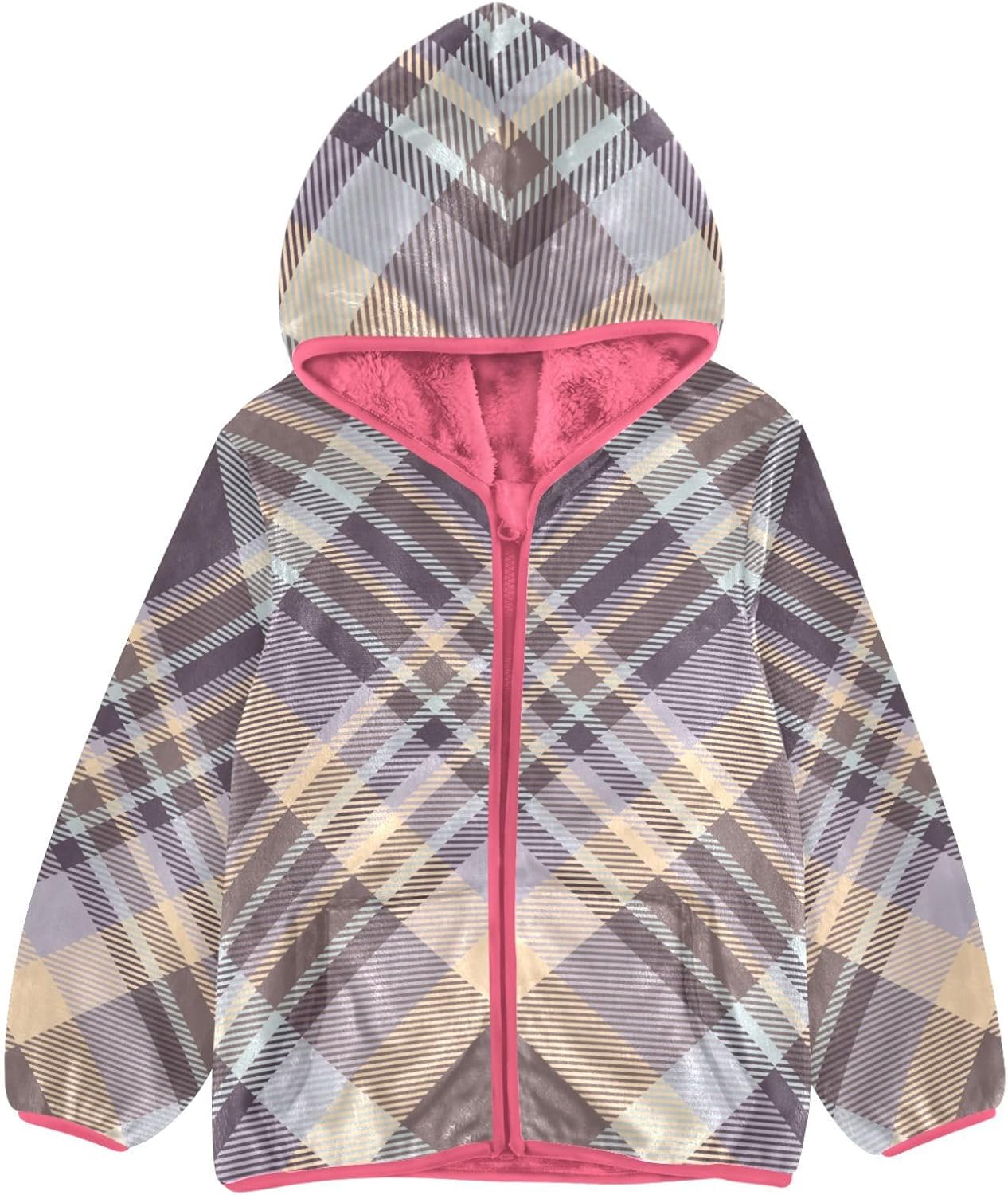 GuoChe Buffalo Plaid Purple Brown Big Girls Jackets With Sherpa Lining