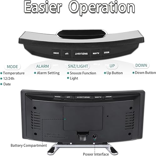 Miniatura 6 de Reloj despertador digital, reloj despertador LED con diseño curvo moderno, 2 niveles de brillo+apagado, 3 alarmas, repetición, fuente de