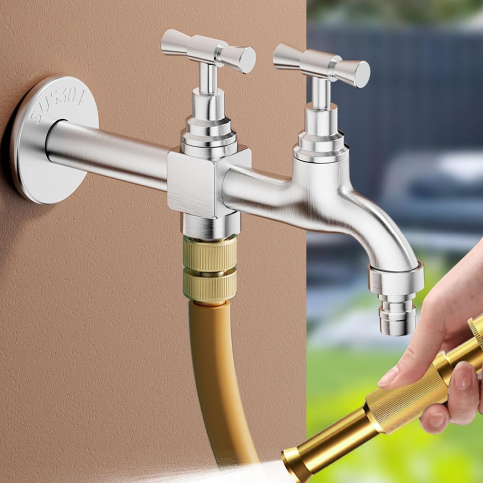 Robinet Exterieur Jardin à Double Contrôle à Ouverture Lente, Robinet Jardin Allongé en Acier Inoxydable, Robinets de Jardin avec Becs de Lavage et de Lavage de Voiture(20cm/7.9in)